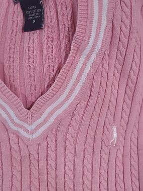 Ralph Lauren Pink Cable-Knit V-Neck Sweater Vest with White Trim